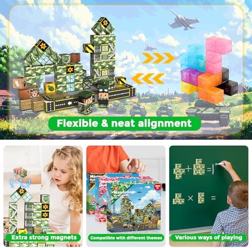 100PCS Magnetic Blocks - STEM Magnetic Building Blocks for Kids Military Construction Cube Toys Games, Educational Sensory Stacking Magnets Cube Toys for Kids Birthday Gifts Boys & Girls - Image 5