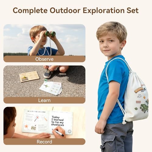 WOODEN TEETHER Kids Outdoor Explorer & Scavenger Hunt Play Set, Nature Exploration Kit with Knot-Tying Board, Binoculars, Compass, Specimen Box & Treasure Cards, STEM Gift for Ages 4–8 - Image 4