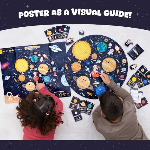 BONNYCO Giant Floor Puzzles for Kids Solar System with 70 Large Pieces. Round Space Puzzle with Planets, 23 x 23 in, 15 Cards, 4 3D Figures, Guide. Learning Gifts, Toys for 4 Year Old Boys - Image 6