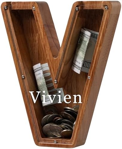 Personalized Large Wooden Kids Letter Piggy Bank - (Laser Engraved) Custom Piggy Bank for Boys Girls - Wooden Banks with Initials - Alphabet Money Box Bank Birthday Letter V Bank by Ladenk