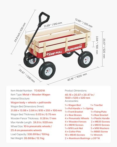 VEVOR 39 inch Pull Along Kids Wagon, Red Rolling Cargo Toy Wagons for Kids, Outdoor Utility Cart for Garden Beach Camping with All Terrain Wheels for Child Present, Supports up to 330 lbs - Image 7