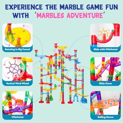 Meland Marble Run - 208Pcs Marble Maze Game Building Toy for Kids, Marble Track Race Set & STEM Learning Toy Gift for Boy Girl Age 4 5 6 7 8 9+(142 Pcs + 60 Glass + 5 Led Lighted Marbles) - Image 3