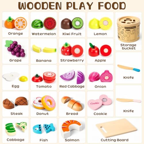 WHOHOLL 43 Pcs Wooden Play Food for Kids Play Kitchen Accessories Playset with Bucket, Pretend Cutting Food Toys for 3 4 5 6 Year Old, Vegetables Fruits Toys Birthday Gifts for Boys Girls - Image 5