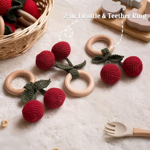 Wooden Baby Rattle Toys Stuffed Crochet Rattle with Teether Ring for Newborn Babies Fruit Wooden Teether Toy Infant Toddler Handcrafted Crochet Rattles Cute Shower Gifts for Boy and Girls - Image 4