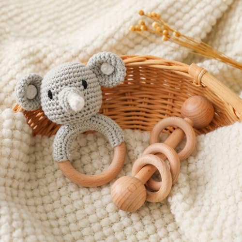 Crochet Elephant and Wooden Animal Rattle Set for Newborns, Baby Wooden Rattle Toy 2PCS by Chriswell