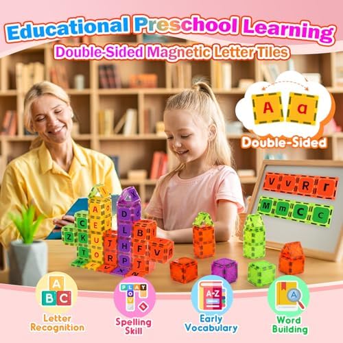 Magnetic Tiles Letters Toys, Alphabet Learning Toys for Toddlers 1-3 2-4 4-8, Classroom Must Have 48PCS Construction Toy, Toddler Games for Preschool Kids Spelling, Learning, Building, Educational Toy - Image 2