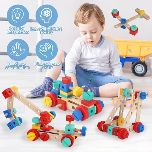 LOVELAND Wooden Take-Apart STEM Toy, 43-Piece Nut & Bolt Construction Set with Wooden Screwdriver & Wrench, Build Airplanes Helicopters Race Cars, Montessori Engineering Gift Ages 3-5 - Image 4