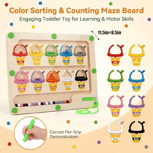 Magnetic Color & Number Maze, Montessori Wooden Puzzle Board, Educational Magnet Toy for Toddlers 2 3 4 5 Years Old, Fine Motor Skills Learning Game, Birthday for Boys Girls (ice Cream) - Image 4