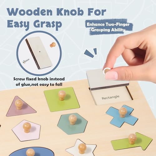 Montessori Toy for Babies 18-24 Months Wooden Shape Puzzles for Toddlers 1-3,Shape Peg Puzzles,Baby Puzzle 18-24 Months with Knob,Color & Shape Sorter for Toddlers(16 Geometric Shapes) - Image 3
