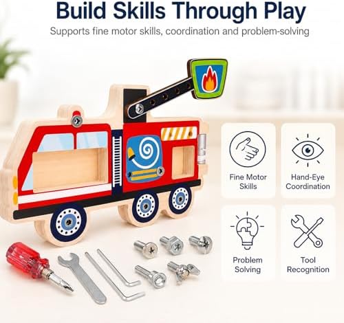 Wooden Fire Truck Screw Activity Board with Tools, Montessori-Inspired, 3+ - Image 3