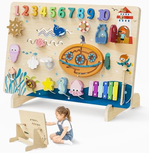 BlueWood Wooden Busy Board for 18+ Months, Activity Center for Toddlers by BlueWood