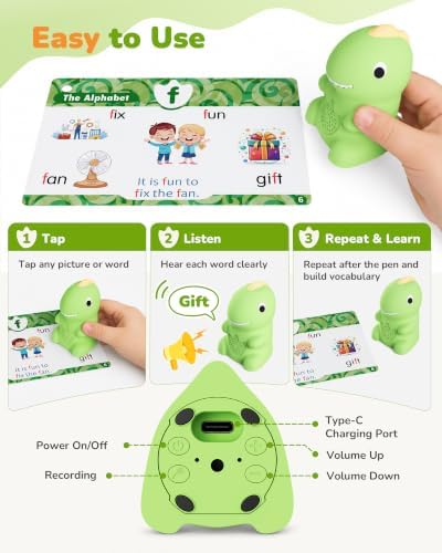 Aullsaty Dinosaur Talking Pen with Phonics Flash Cards, Interactive Learning Toy for Kids Ages 1-6, Autism Sensory & Speech Therapy Toy, ABC 123 Educational Toddler Toy, Screen-Free Birthday Gift - Image 6