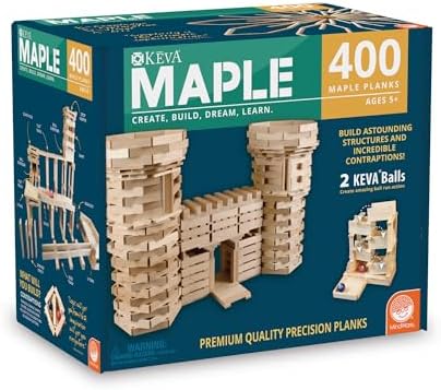 MindWare KEVA 400 Maple Wood Building Planks Set - Building Toy Includes 400 Wooden Blocks, 2 KEVA Balls, and Idea Book - Ages 5+ by MindWare