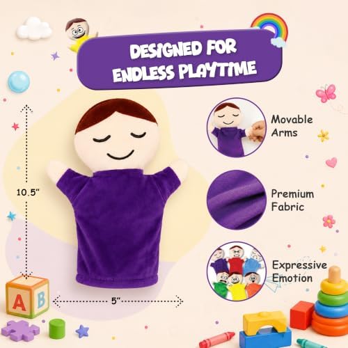 4E's Novelty Feeling Hand Puppets for Kids with 6 Emotions, with Moveable Arms, Soft Plush Hand Puppets for Toddlers, Early Education Toys, Social Emotional Learning Activities - Pack of 6 - Image 5
