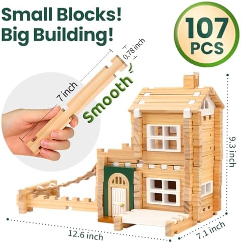 Jovi-mindly＆Notchies 107 Pcs STEM Wooden Blocks Toys with Door＆Windows|Learning Building Blocks Toy for Kids Ages 4-8 Boys and Girls|Classic Old Fashioned Toys Gifts for Birthday - Image 2