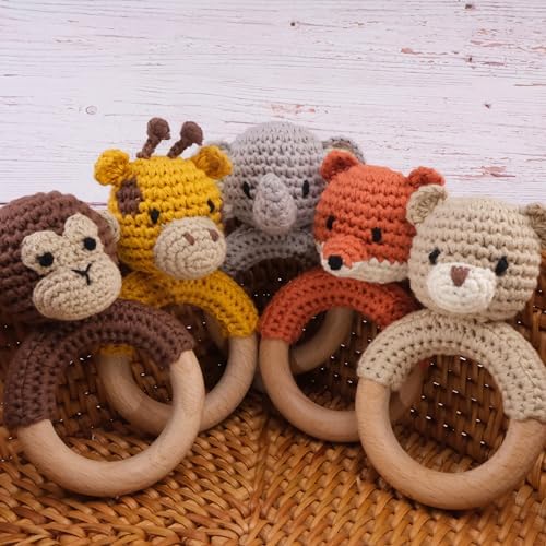 Joliecraft Safari Animals Wooden Baby Rattle Toys Stuffed Crochet Rattle with Teether Ring for Newborn, Brown Monkey - Image 4