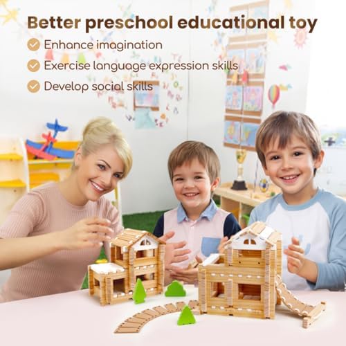 Jovi-Mindly & Notchies 96 PCS Wooden Building Blocks Toy Set for Kids Ages 4+ Boys Girls, Creative Construction Imaginative Cabin House with Storage Bag STEM Educational Learning Toy for Birthday Gift - Image 6