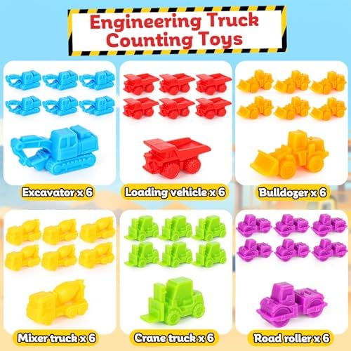 Counting Construction Vehicles Color Sorting Matching Games for Kids 3-5, Preschool Educational Learning Fine Motor Counting Transportation Matching Classroom Sensory Table Toys for Boys Girls - Image 2