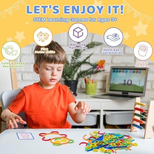 142pcs Wooden Pattern Blocks Montessori Smart Sticks Wooden Tangram Puzzle STEM Toy Activities Preschool Brain Teaser Montessori Toys Gift for 3 4 5 Years Old Kids Boys Girls - Image 2