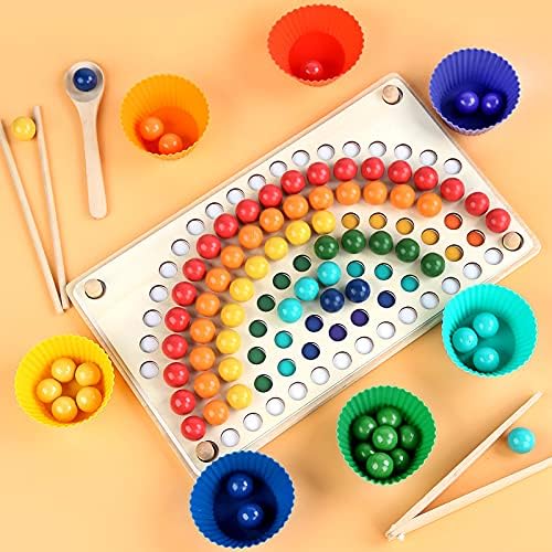 Practical Life Skill Sponging Chopsticks Tonging Job/Work, Wooden Pegboard Beads Color Matching Game Toy, Rainbow Toy Montessori Primary Classroom, Boys and Girls Gift 3 Years & up - Image 4