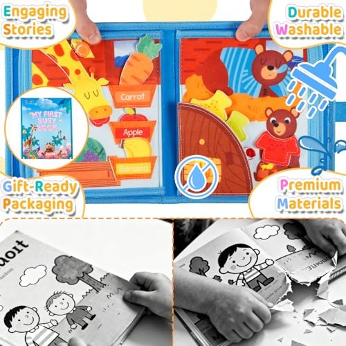DEGIDEGI Montessori Busy Book for Toddlers, Educational Sensory Activity Book with Life Skills Training, Quiet Travel Toy for Car and Airplane, Christmas Birthday Gift (Light Blue) - Image 6