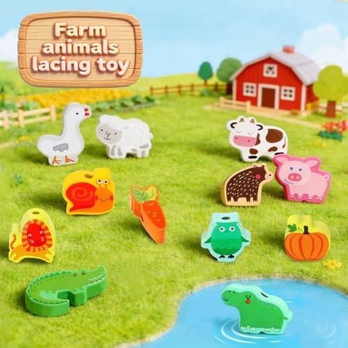 Montessori Educational Wooden Lacing Beads Toys for Toddler 3 4 5 Year Old, Farm Animals Fruits Vegetables Threading Toys Preschool Stringing Fine Motor Skills Toy for Boys Girls [with 3D Stickers] - Image 2