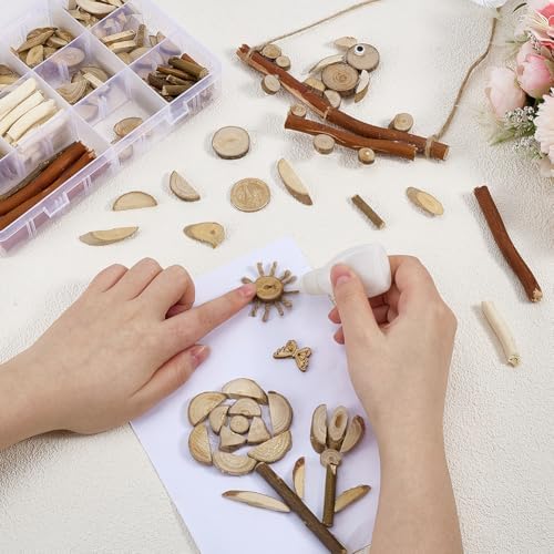 PH PandaHall Wooden Unfinished Craft Kits, Handmade DIY Wood Stakes Kits Natural Wood Slices Loose Part Play DIY Tiny Wood Pieces Kit for Craft Painting Dollhouse Sorting Activities School Projects - Image 3