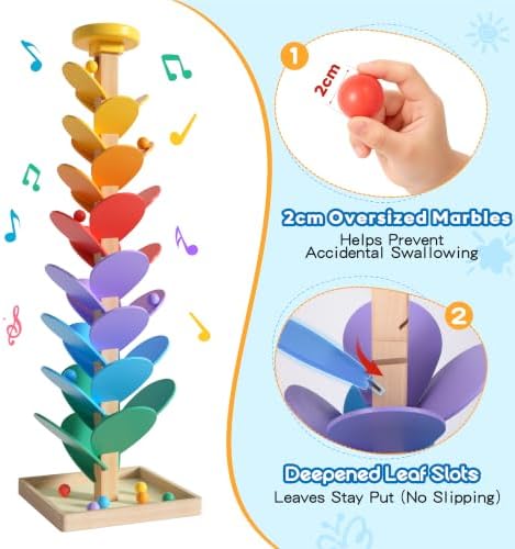 GOTOOFUN Wooden Marble Run Music Tree, Tumble Leaf Montessori Rainbow Singing Tree with Sound, Includes Top Storage Lid and 12 Wooden 2cm Balls, Color Sorting STEM Learning Toy, Gift for Kids - Image 6