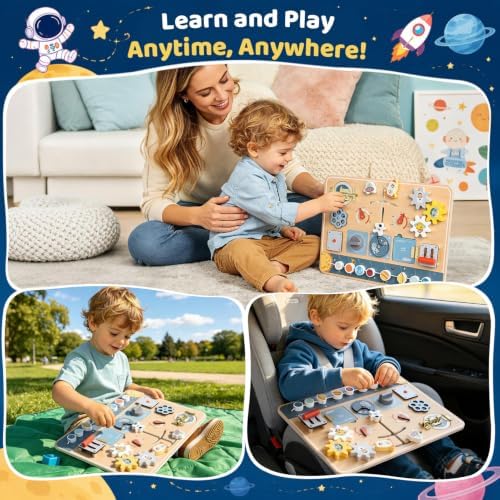 Lewo Montessori Busy Board, Wooden Sensory Activity Toys for Toddlers 3 4 5 (Spaces) - Image 5