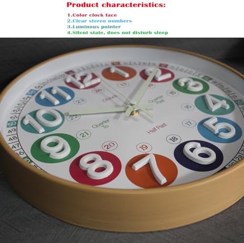 Learning Time Clock for Kids,12 Inch 3D Numbers Colorful Clock Face Silent Clocks，Bedroom,Kitchen,Classroom,Décor at School, Clear Digital Wall Clock for Kids Room (3D Wood Color Luminous) - Image 4