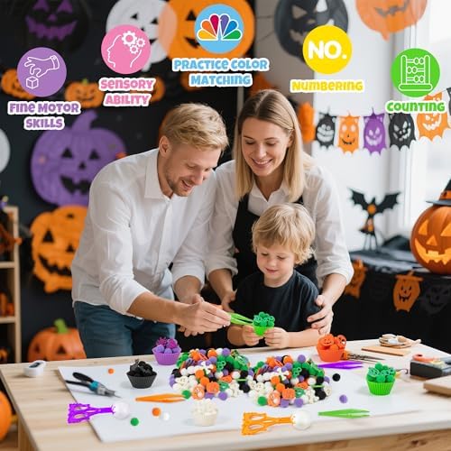 EZdhuawuse Halloween Sensory Bin Fillers - 269P Halloween Fine Motor Toys Sorting Stacking Toys for Kids, Glitter Felt Pumpkin Black Cat Hat Pom Poms for Preschool Education Early Development Activity - Image 6