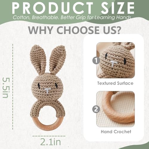 Baby Crochet Rattle Toy - Hand-Knitted Animal Bunny Teether with Soft Bell, Montessori Sensory Toy for Infants 0-36 Months, Natural Wood Teething Ring, Ideal Newborn Keepsake Gift - Image 3