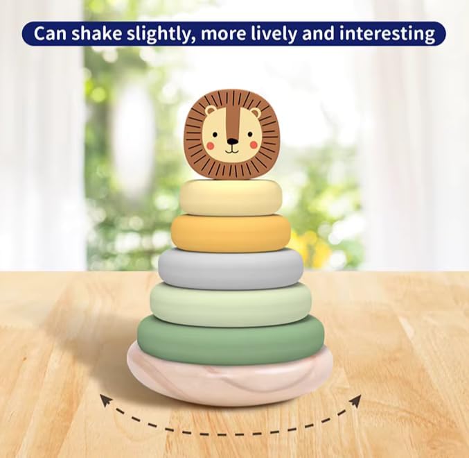 Wooden Ring Stacker Toy for 1 Year Old - Montessori Toys for 1 Year Old Boy and Girl, Stacking Rings with Lion Topper, Baby Toy 12-18 Months, Fine Motor Skills, 1st Birthday Gift - Image 2