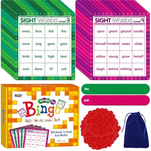 SpriteGru Sight Word Bingo Game, 160 Sight Words Learn to Read Level 3 & Level 4 Bingo Board Game Dolch's & Fry's Words Lists for Kindergarten and Preschool Kids 4-8, Perfect for Classroom & At Home by SpriteGru