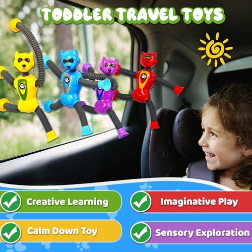 4PC Robot Dog Sensory Pop Tube Travel Toys for Boys Toddler Kid Airplane Car Toy Activities Autistic Road Trip Suction Tube for Boy 3 - 8 ADHD Autism Easter Basket Stuffers Valentine Gift - Image 5