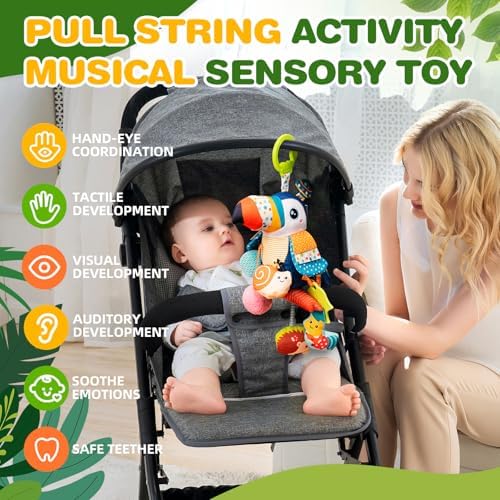 Jollybaby Musical Activity Pull String Hanging Toy for Baby Stroller Car Seat Crib Play Gym, Plush Stuffed Toucan Toy for Carseat with Music Teether Rattles, Sensory Toy for Baby Gift - Image 2