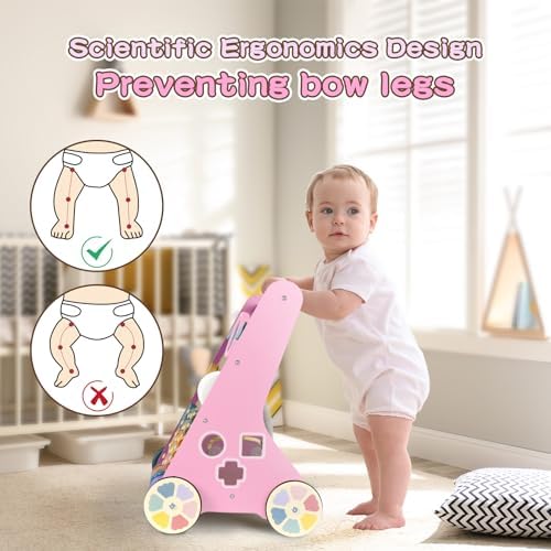 LOL-FUN Wooden Baby Walker for Girl 12 Months Baby Push Walker Pink Toy - Image 5