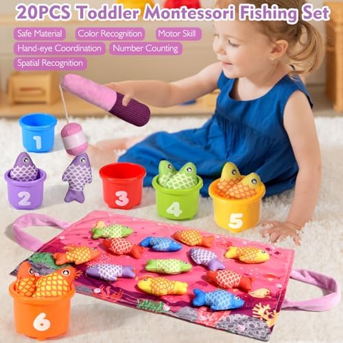 Montessori Toys for 1 Year Old Girl Gifts, Pink Cloth Fishing Toy for Toddler 1-3, Fine Motor Skills Toy Sorting Learning Baby Toys 6-12-18 Months, Toddler Toys for Baby Easter Gifts - Image 2