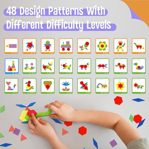 155 PCS Wooden Pattern Blocks Set, 24 Double-Sided Design Cards(48 Patterns) Geometric Shape Puzzle Fun Tangram Montessori Learning Toys for Kids Ages 4-8 (A Storage Bag & A Gift Box) - Image 4