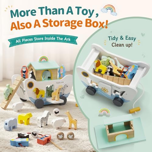 Wooden Noah's Ark Toy for Baby Boy and Girl Gift - Pull Along Toddler Montessori Educational Toy with Animal Shape Sorter Stacker for 18m+ Christmas Birthday Preschool Baptism Gift - Image 6