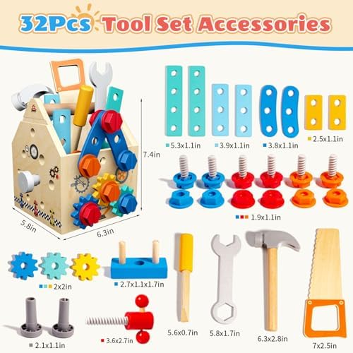 Wooden Toddler Tool Bench with Construction Tools, Screws, Gears & Latches - Image 6