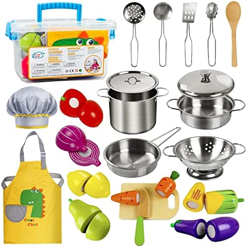 Sundaymot Play Kitchen Accessories, Wooden Play Food, Cooking Set with Stainless Steel Cookware Pots and Pans Utensils, Apron, Chef Hat, ​Cutting Food Kitchen Playset for Girls and Boys by Sundaymot