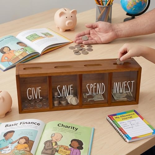 Save Spend Give Bank for Kids, 4-Slot Wall-Mounted Savings Box with Magnetic Lids, Visual Money Saving Box for Bedroom, Living Room, Laundry Room - Brown - Image 4
