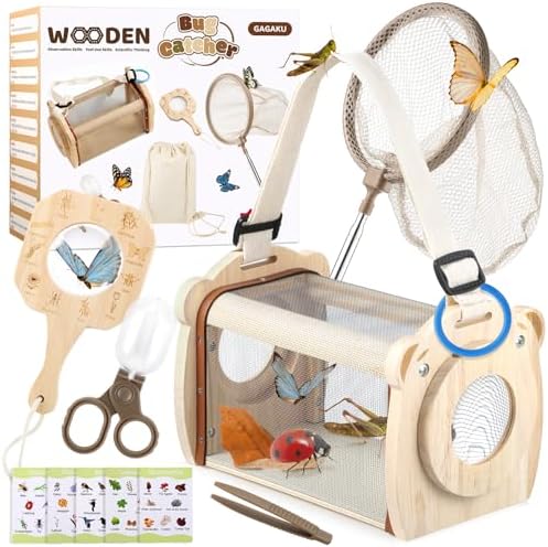 GAGAKU Wooden Bug Catcher Kit for Kids 4-8, 9PCS Outdoor Nature Exploration Set with Expandable Butterfly Net, Magnifying Glass, STEM Learning Game Cards, Educational Catching Toy for Backyard Camping by GAGAKU