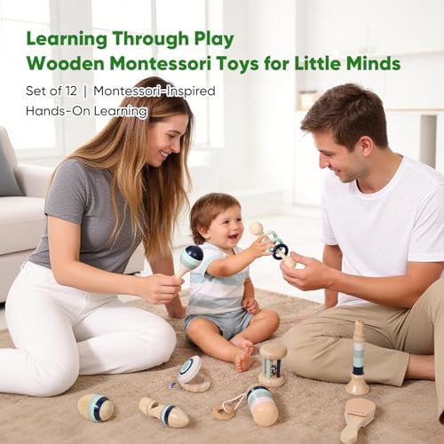 12 PCS Wooden Baby Musical Instruments Set, Montessori Style Sensory Percussion Toys for 0-3 Years, Neutral Boho Shakers & Rattles, Non-Toxic Natural Wood Early Learning Gift for Infant Boys Girls - Image 3