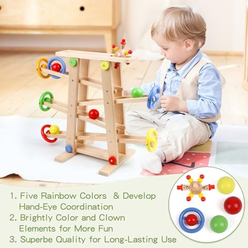 Wooden Wooden Race TrackToys, Wood Car Ramp Racer Toy Vehicle Set with 4 Balls & 5 Race Tracks, Great Educational Montessori Toys for Kids Boys Girls - Image 4