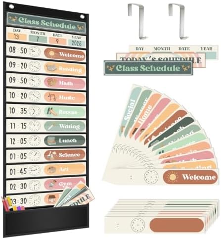 AKAYOK Boho Daily Schedule Pocket Chart, 13+1 Pocket Visual Schedule for Kids, Includes 24 Reusable Dry-Erase Cards, Daily Planner with Hourly Schedule for Classroom, Office, Home, School Activities by AKAYOK