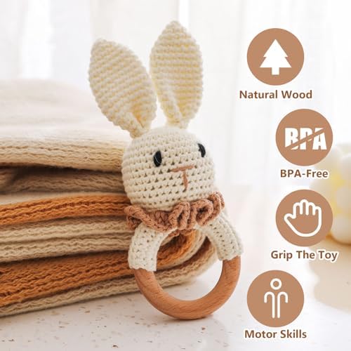 Wooden Baby Rattle，Crochet Bunny Rattle with Wood Ring, Newborn Wooden Animal Rattle Toy，Infant Bunny Wood Rattle Toys - Image 2