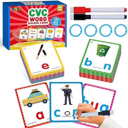 CVC Word Writing Cards, 120 Double Sided Handwriting Cards Short Vowel Spelling Flashcards CVC Sight Words Early Educational Tool for Kids 3 4 5 Years Old (Plus 2 Markers & 3 Reclosable Plastic Rings) by SpriteGru