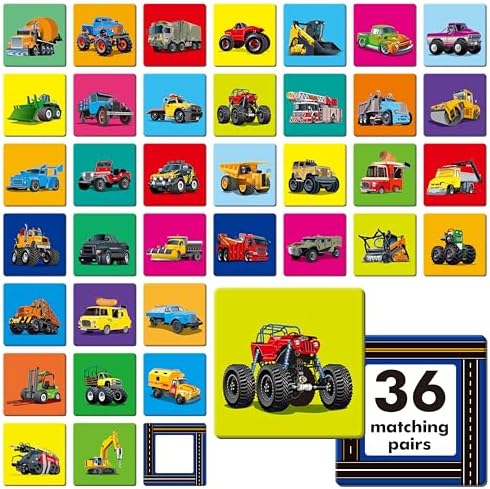 Hebayy Truck Matching Game, 72 PCS Traffic Memory Matching Cards for Toddlers 36 Pairs Transportation Memory Cards Educational Toys for Preschool Boys & Girls 4 5 6 Years Old by Stickyourhappymoment